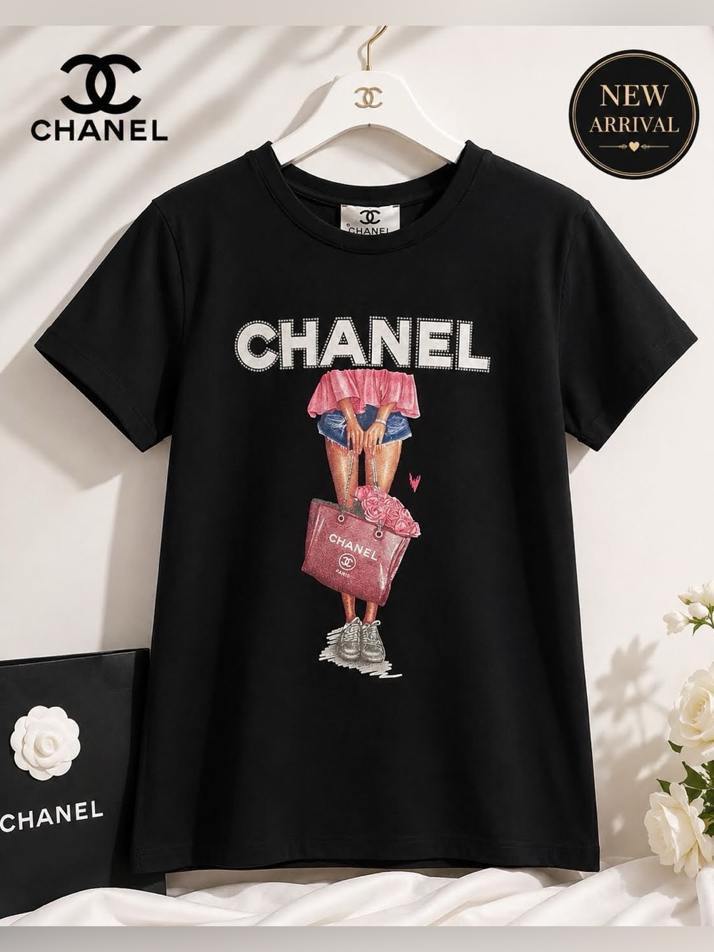 🖤 Women’s Black Graphic T-Shirt – Pink Fashion Illustration 🖤